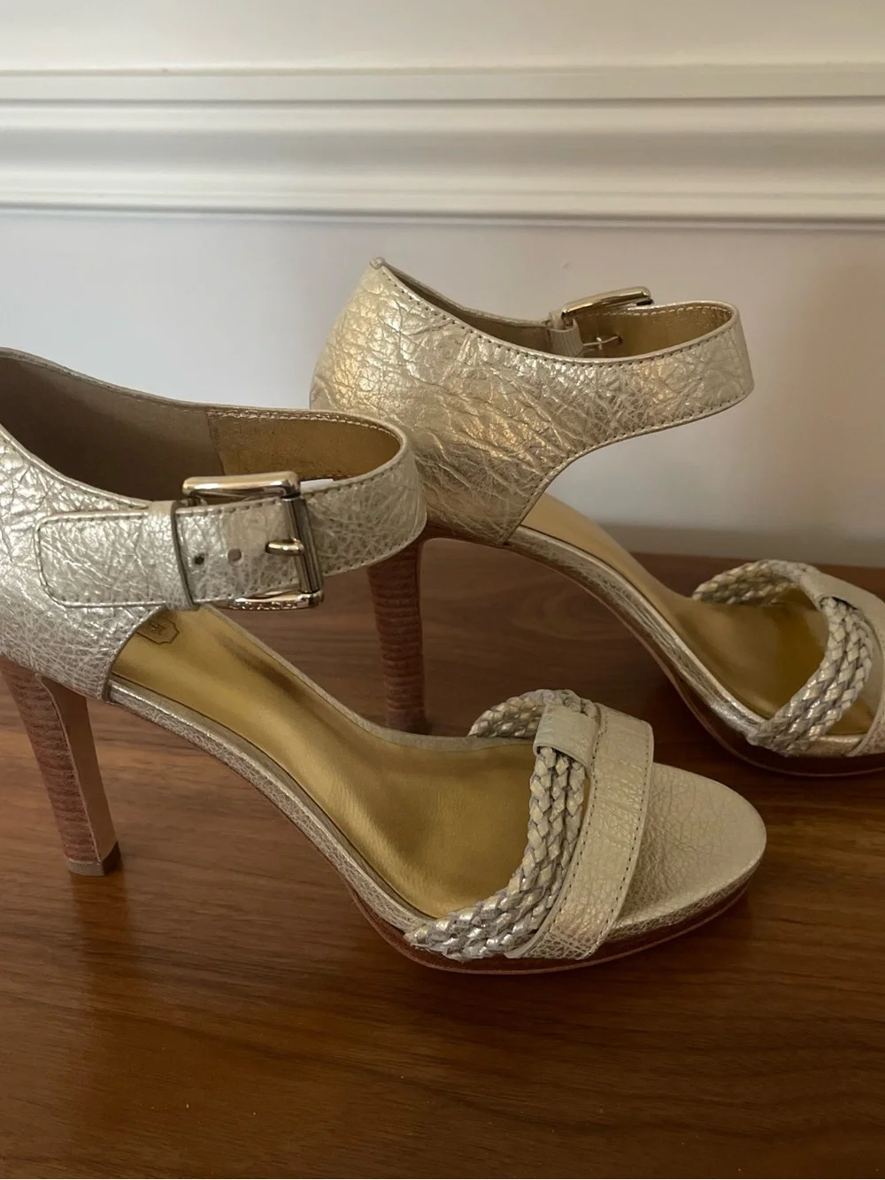 Coach Metallic Gold Braided Strap Ankle Buckle Sandals Heels 9.5